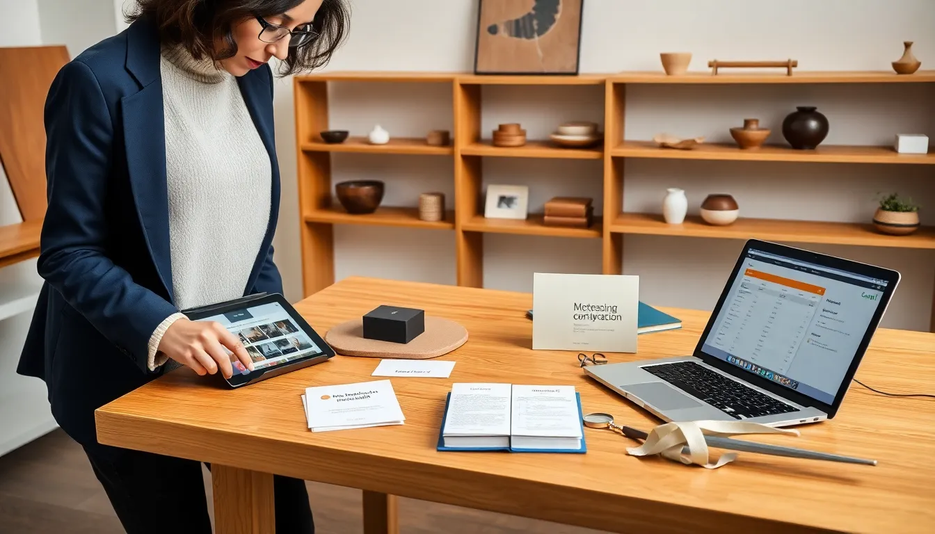 Curator arranging curated products and metadata on a table in a bright studio.