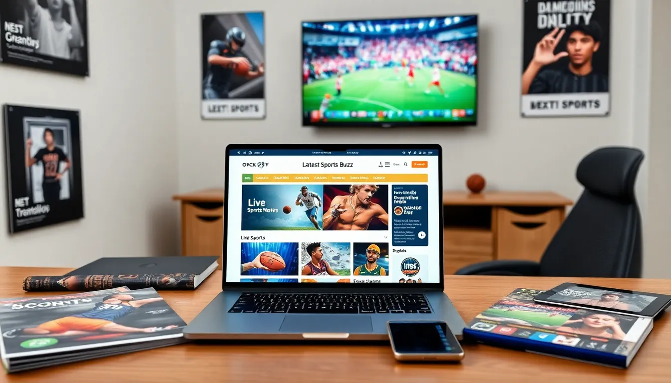 A modern workspace with a laptop displaying sports news and live scores.