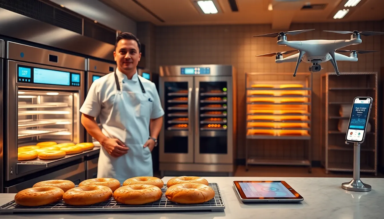 Professional baker using high-tech equipment in a modern bakery.