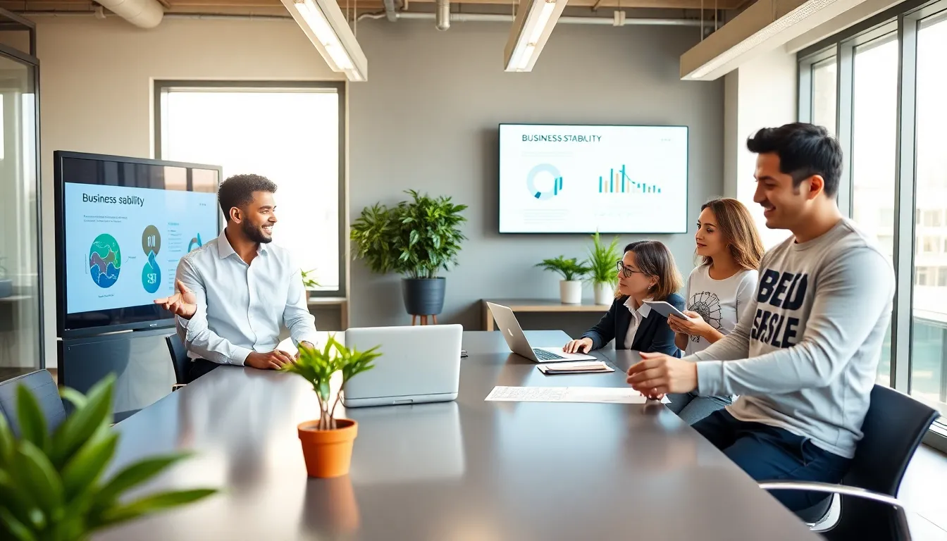 a diverse team collaborating in a modern office about business stability.