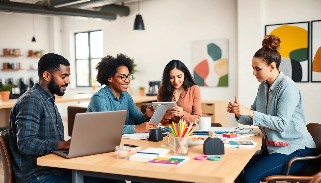 professionals collaborating on side hustle projects in a modern workspace.