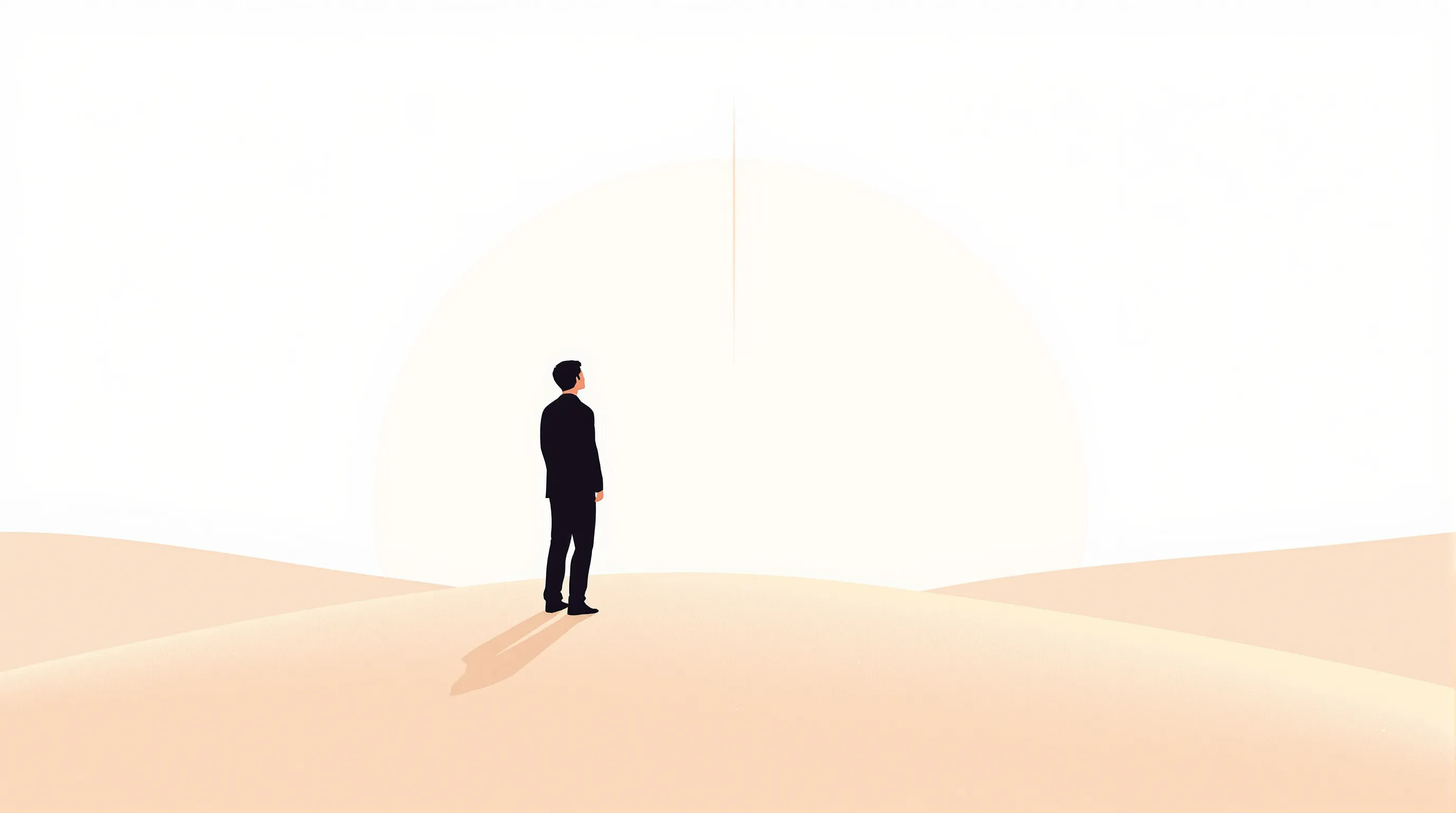 Silhouette of a young man on a hill gazing at a minimalist sunrise.