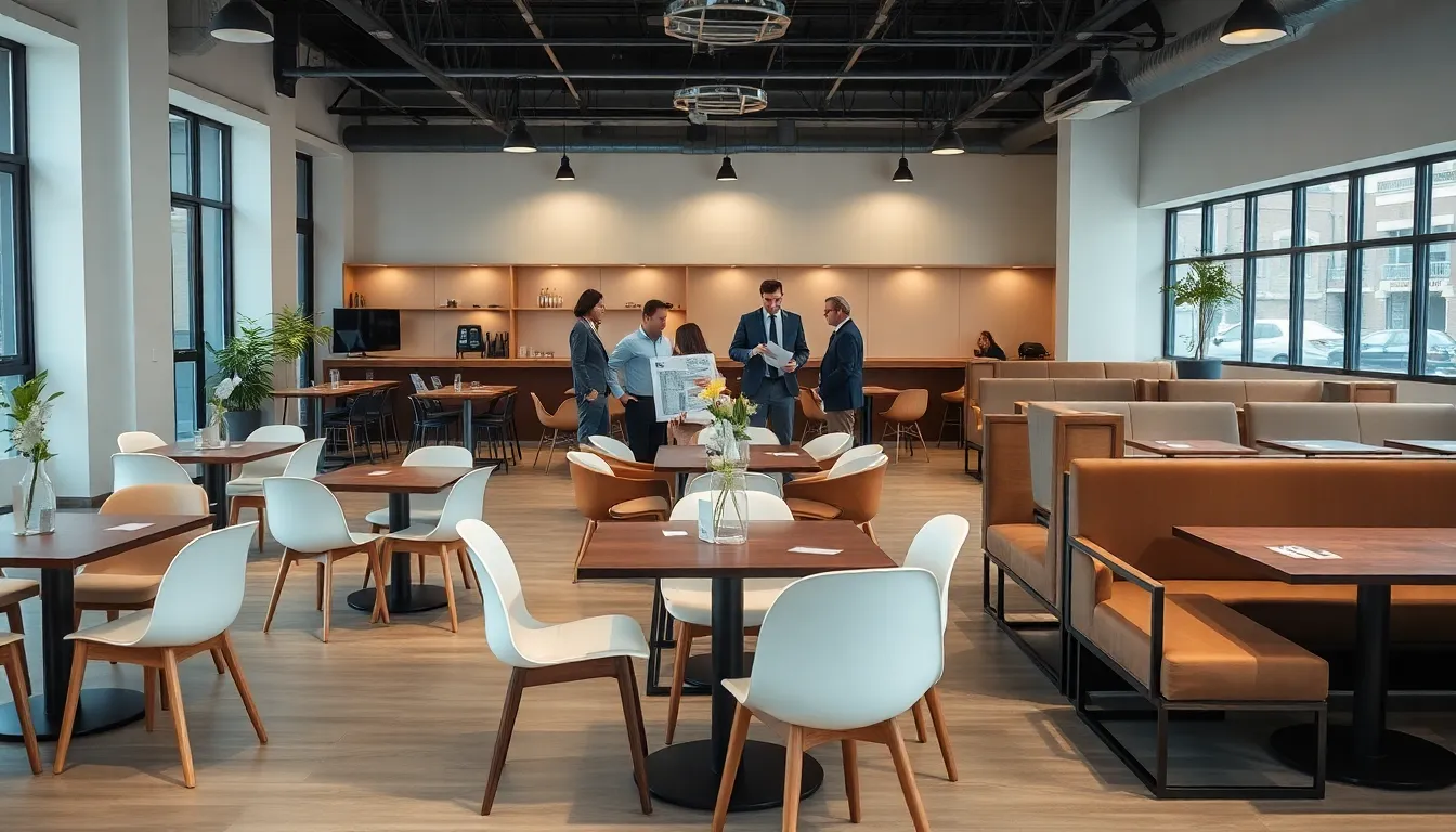 Modern restaurant furniture showroom with diverse professionals discussing designs.