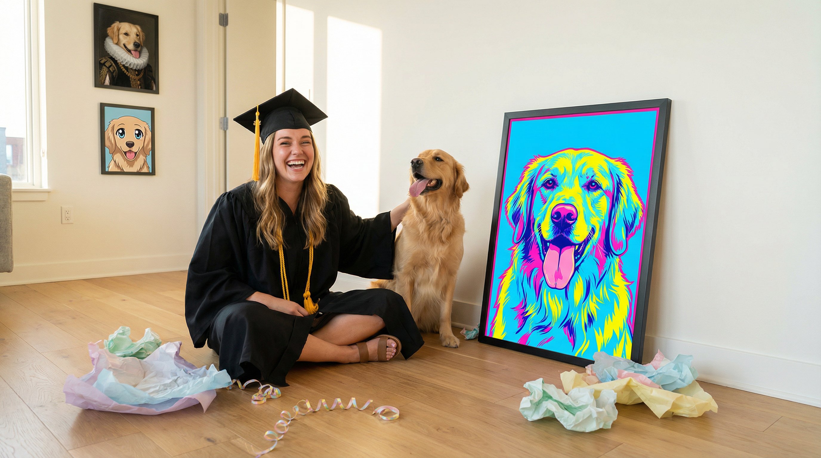 Graduate laughing with her golden retriever beside a colorful pop art dog portrait gift.