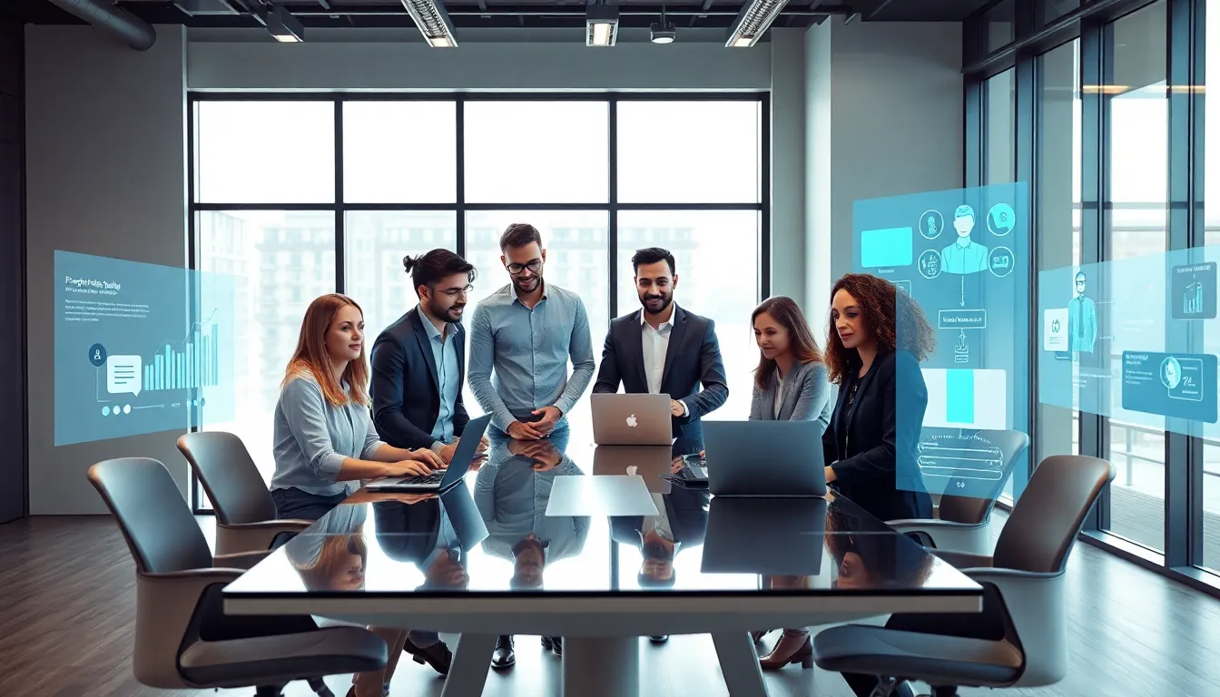 diverse team discussing property management automation in a modern office.