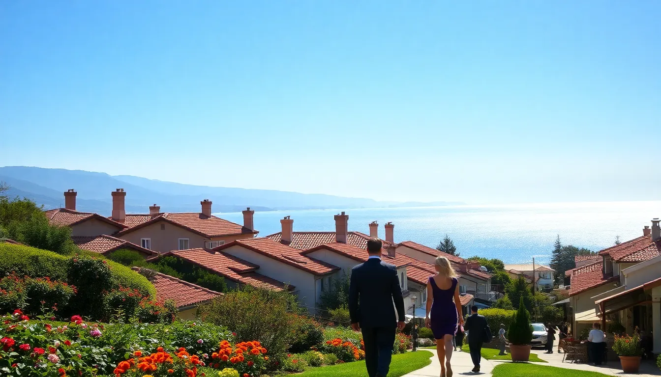 scenic view of Montecito Village with gardens and Mediterranean architecture.