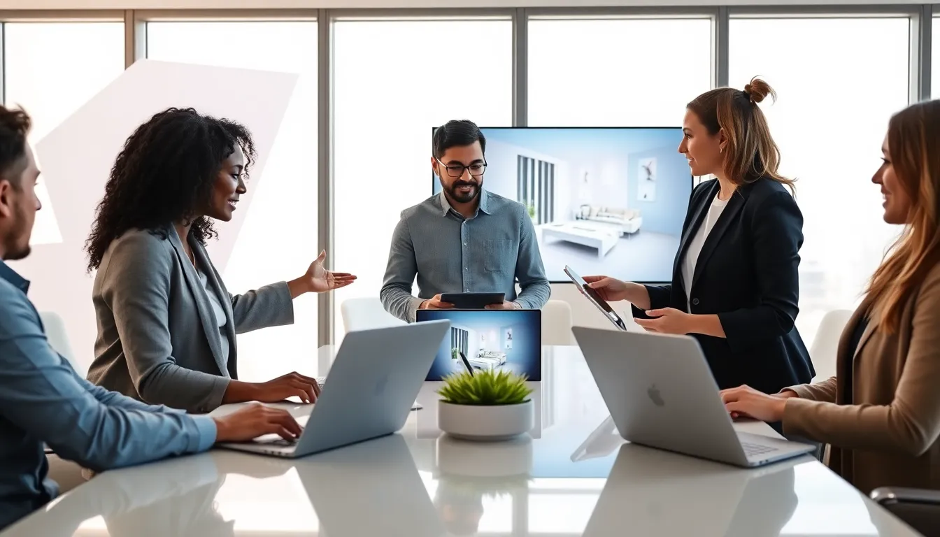 professionals collaborating on a lighting layout tool in a modern office.