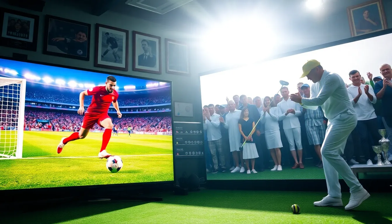a vibrant sports newsroom showcasing football and golf highlights.