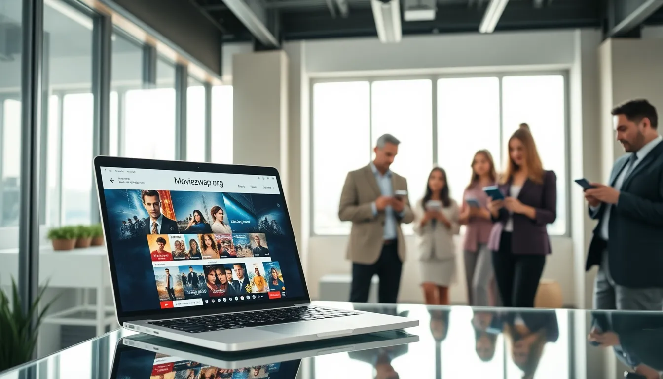laptop displaying Moviezwap.org in a modern office setting.