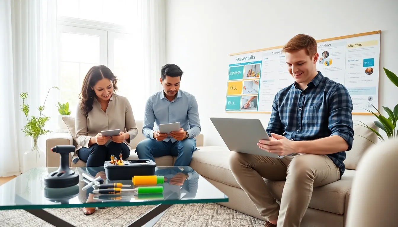 team reviewing home maintenance tasks in a modern living room.