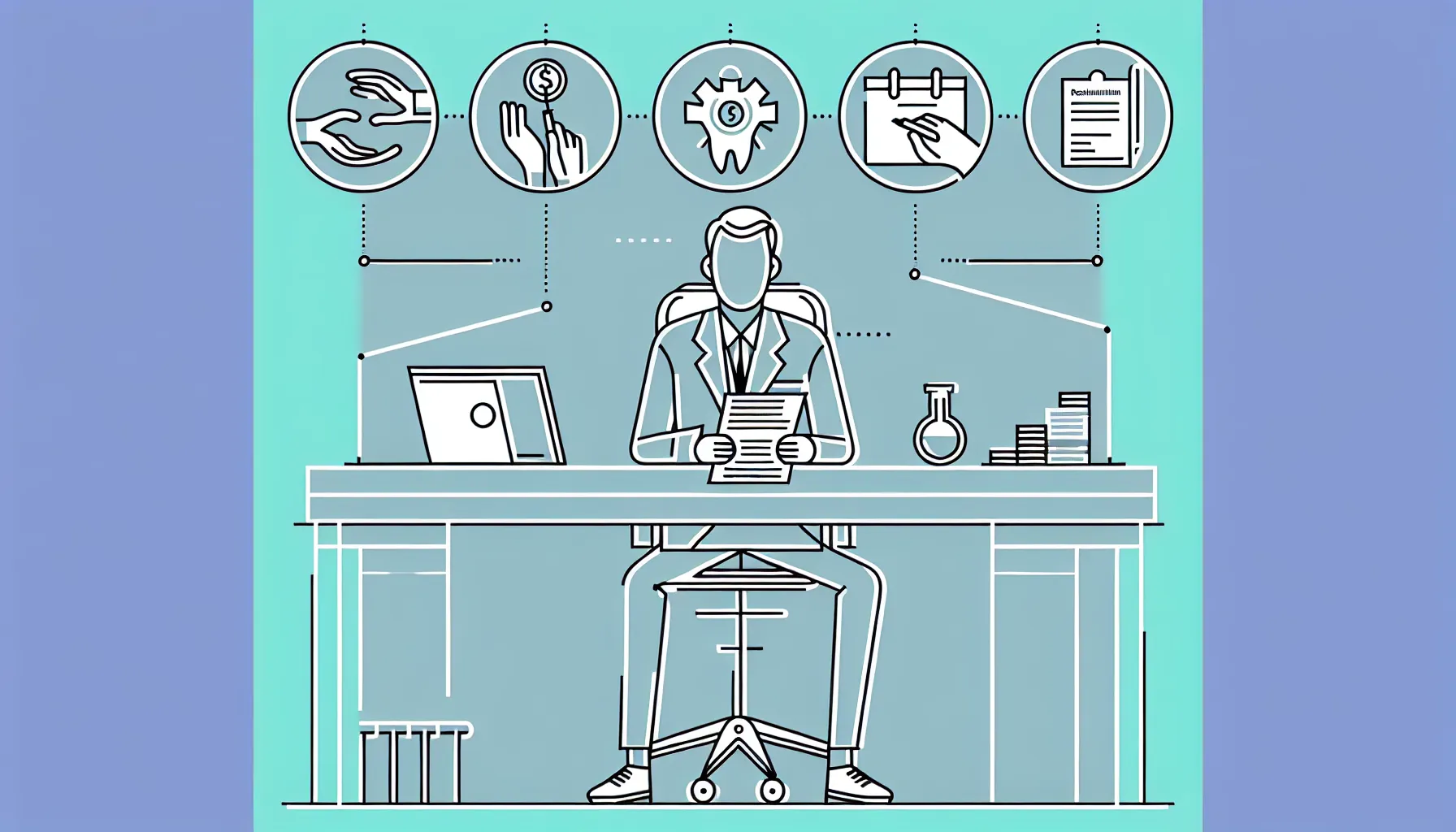 Dentist reviewing contract with icons for gross/net/adjusted pay, calendar, piggy bank, deductions.
