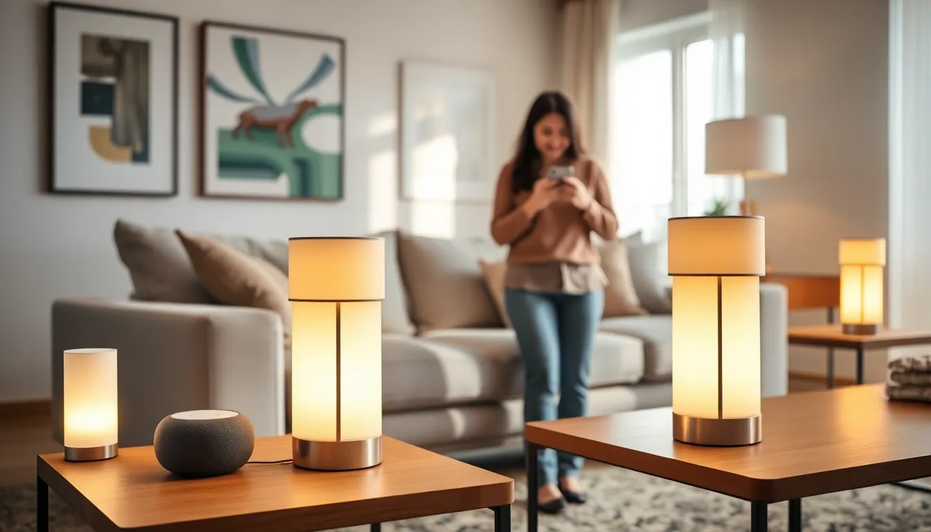 modern living room with smart lamps and a person using a smartphone.