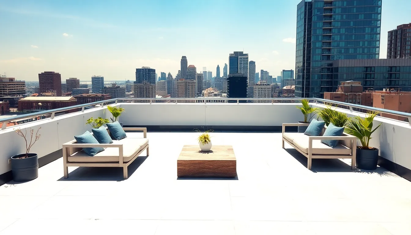 modern flat roof deck with lounge furniture and city views.