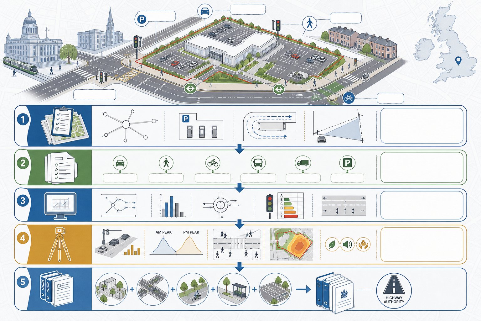 Infographic of traffic engineering stages for planning and development in Nottingham.