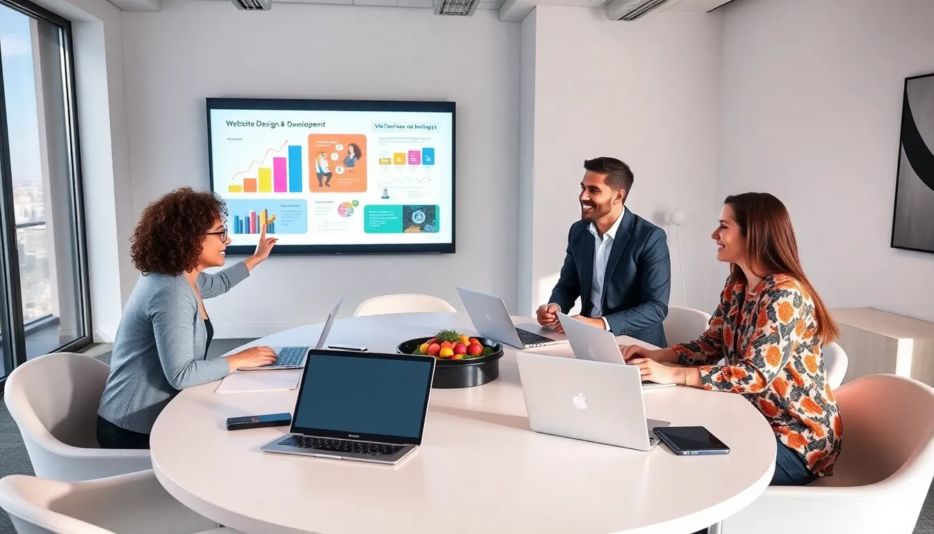 diverse team collaborating over website design and marketing strategies.