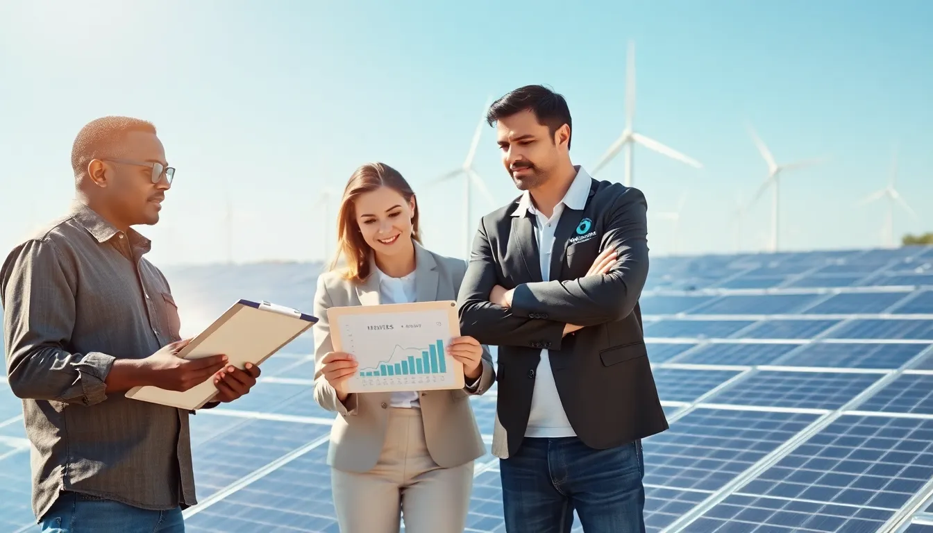 A diverse team discussing renewable energy solutions at a solar facility.