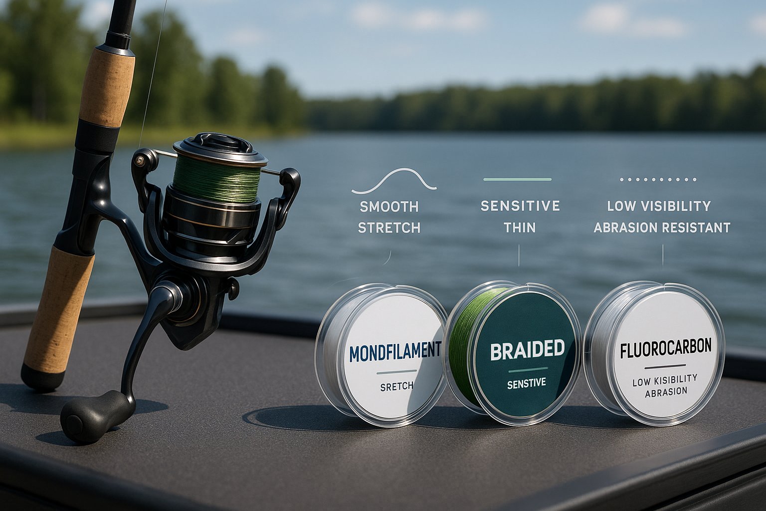 Three fishing line types beside a spinning reel for comparison.