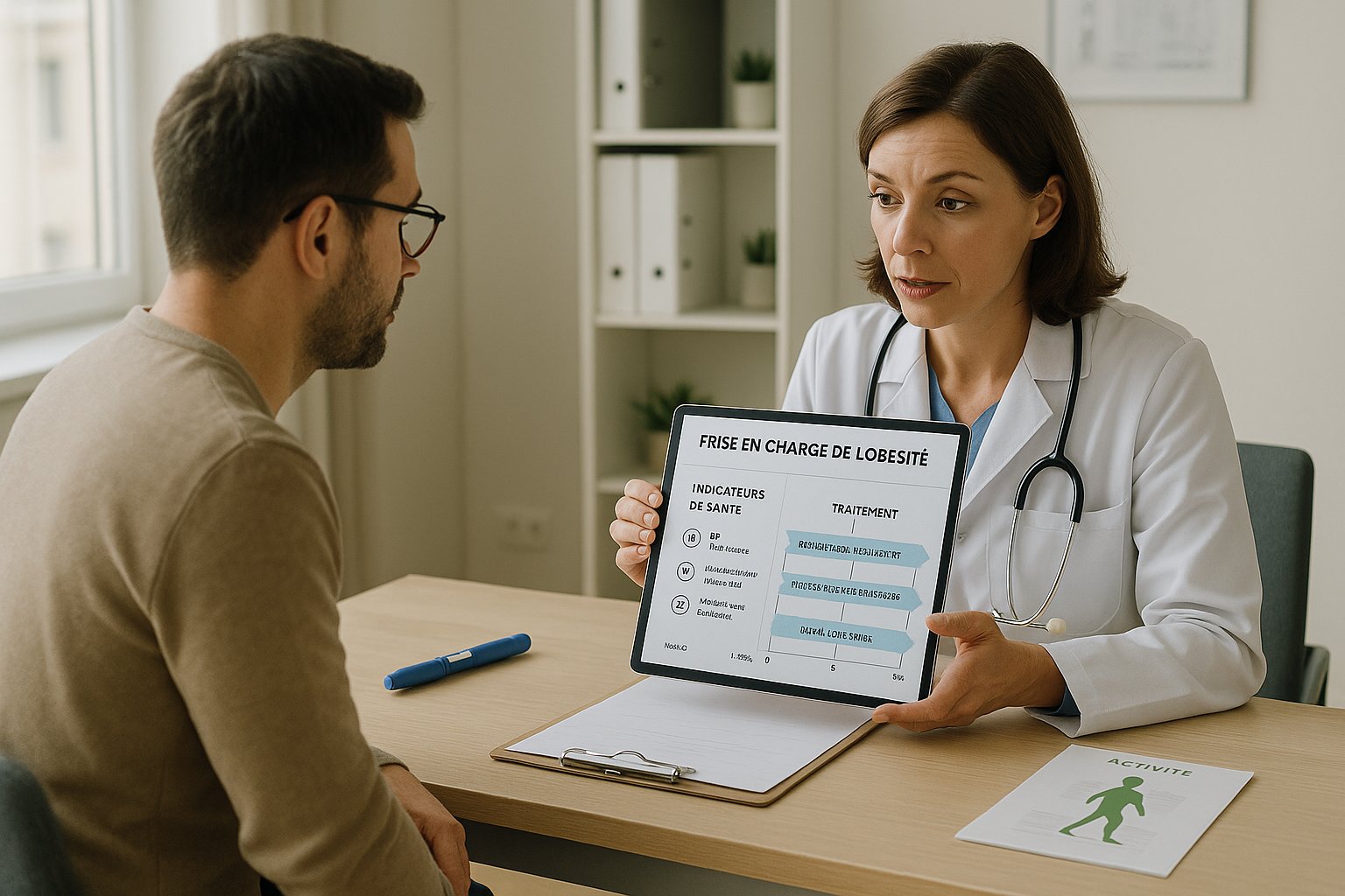Doctor discussing Saxenda treatment plan with patient in a modern clinic.
