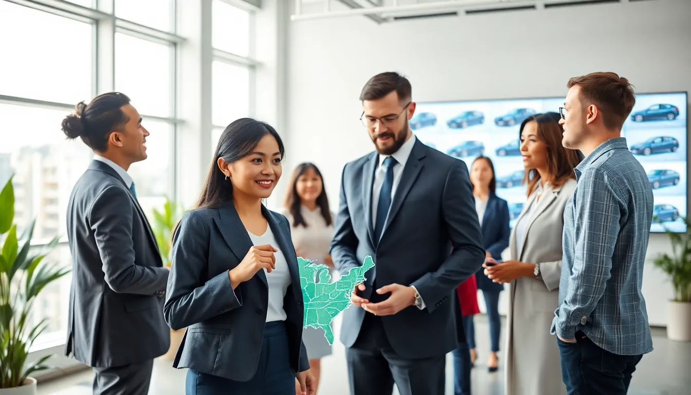 diverse team analyzing electric vehicle advancements in a modern office.
