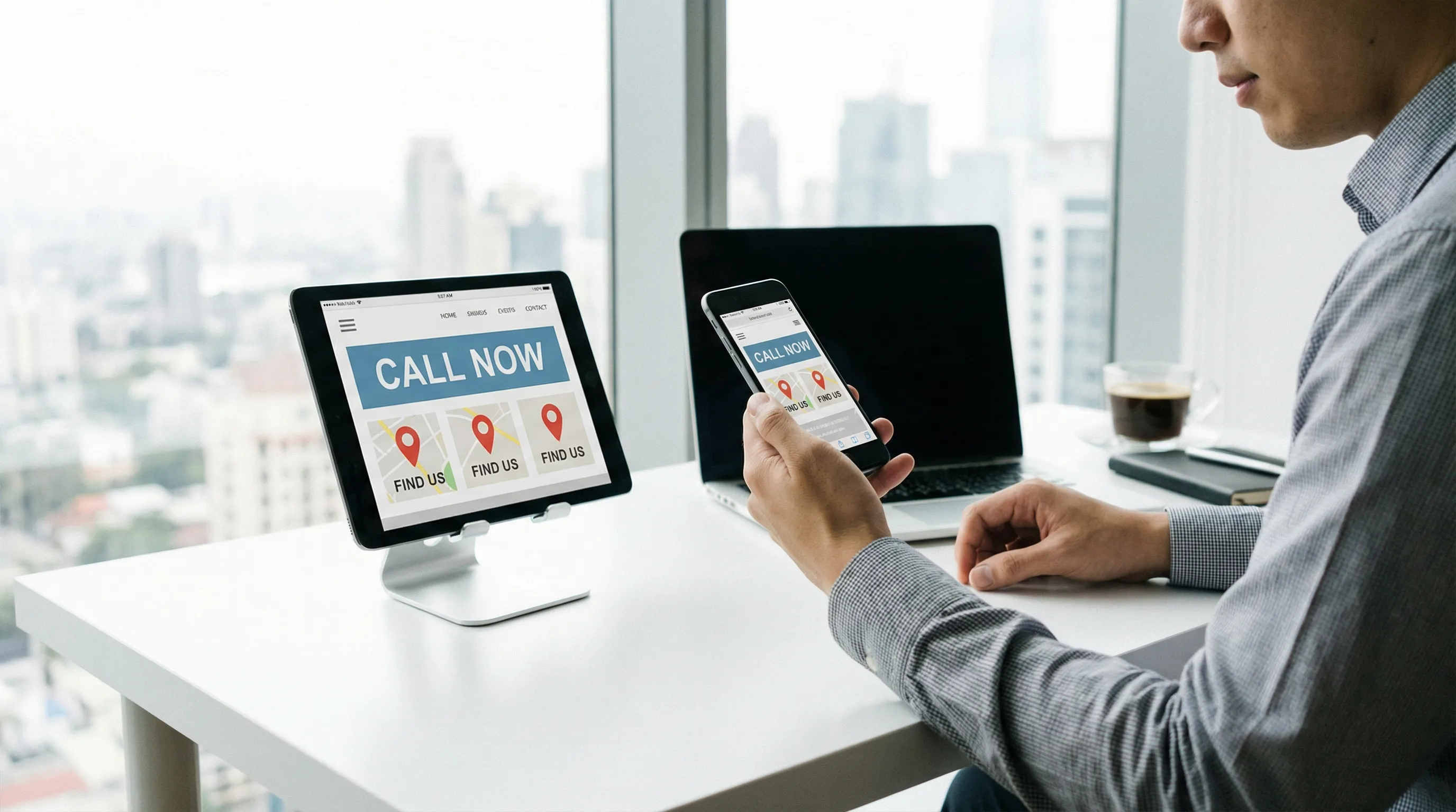 Person viewing a mobile-optimized business website on a smartphone and tablet at a bright, modern desk.