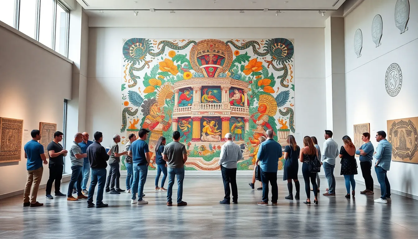 diverse group admiring Aztec art in a modern gallery.