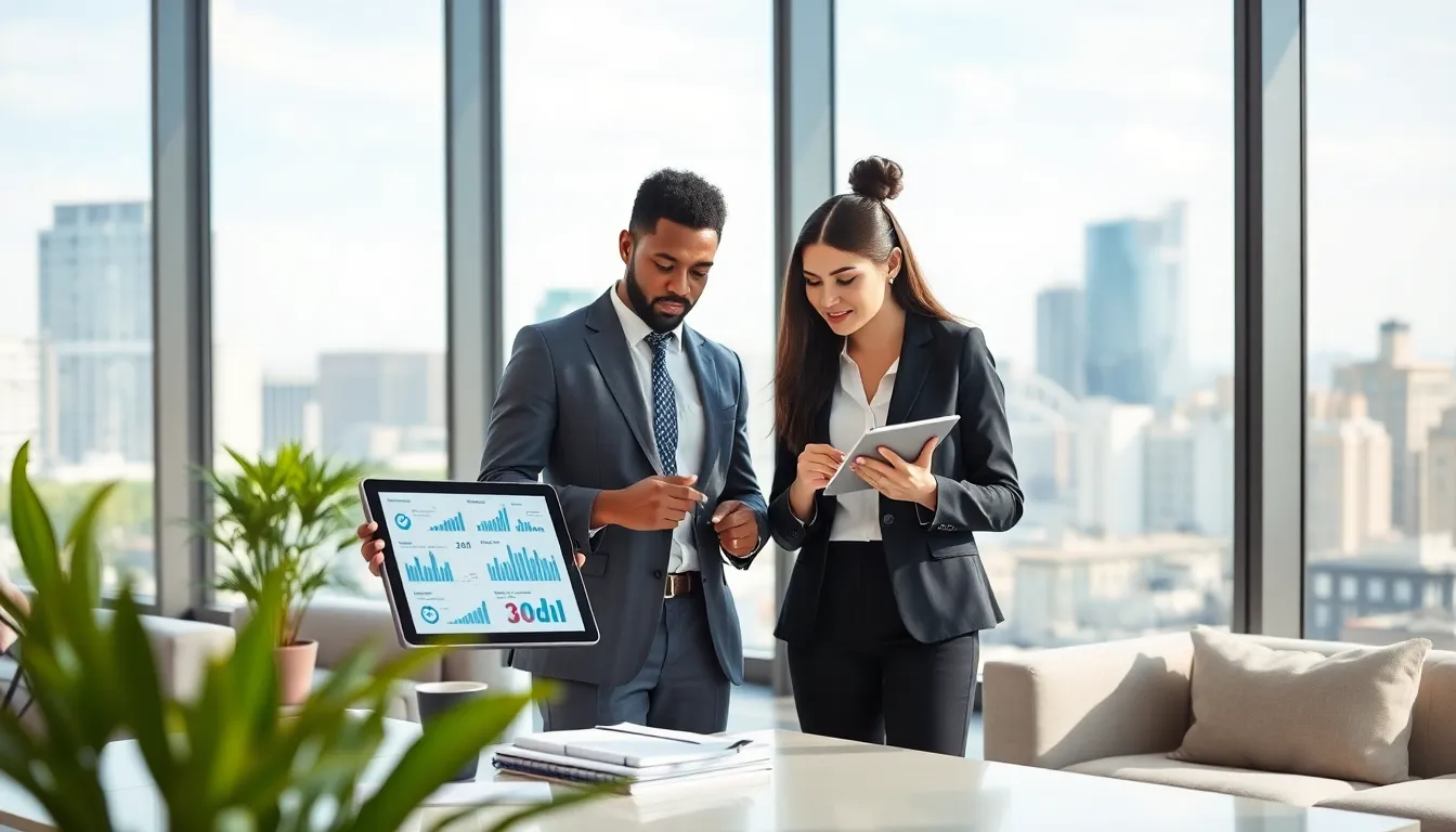 professionals discussing real estate and stock investments in a modern office.
