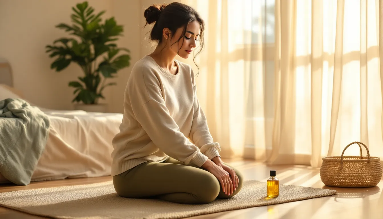 Woman practicing morning self-massage on her knee in a sunlit bedroom.