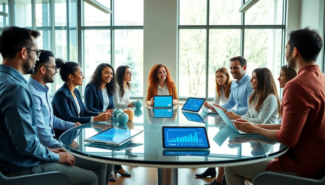 diverse team collaborating in a modern office.