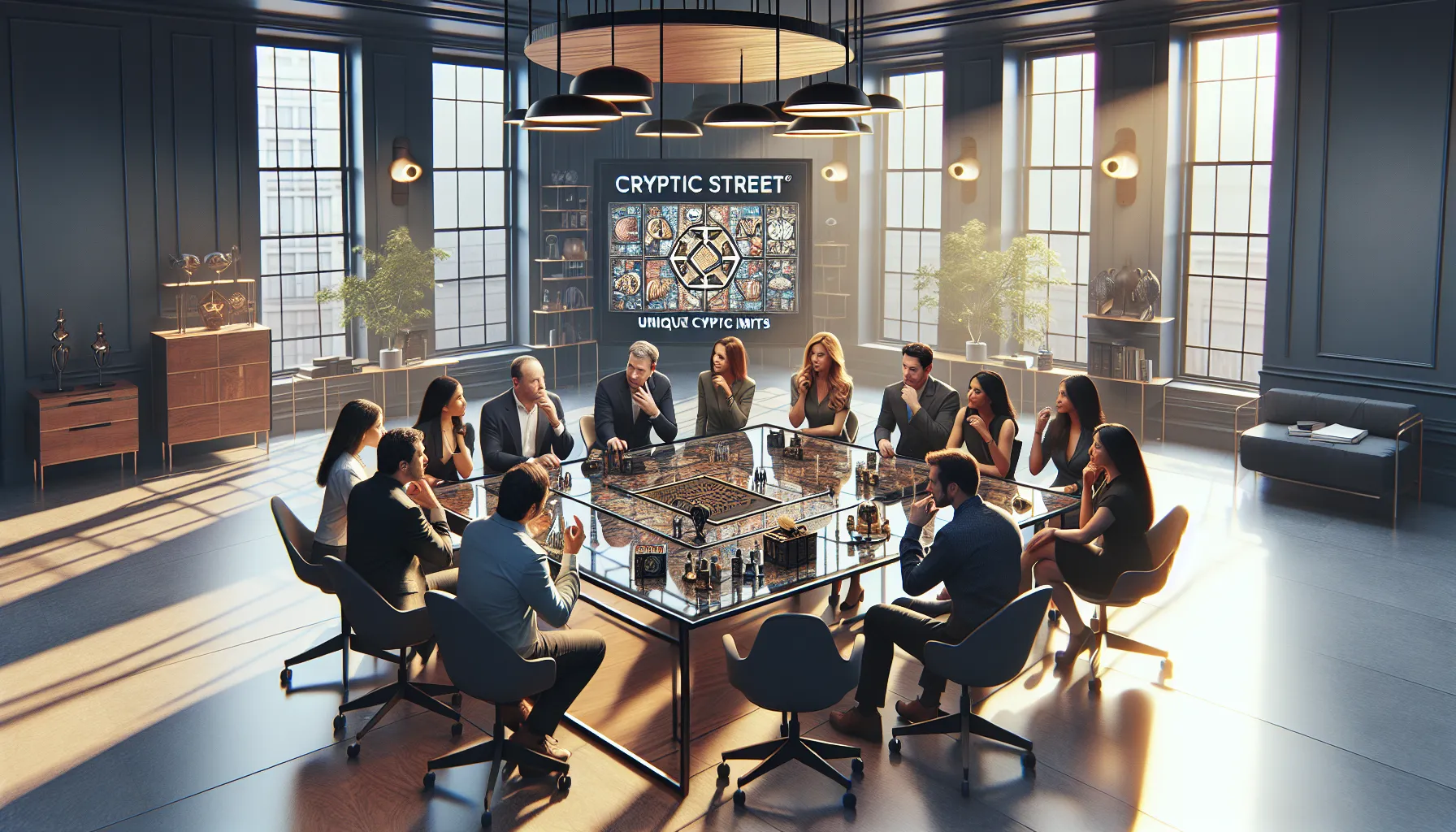 diverse team collaborating on unique cryptic products in a modern office.