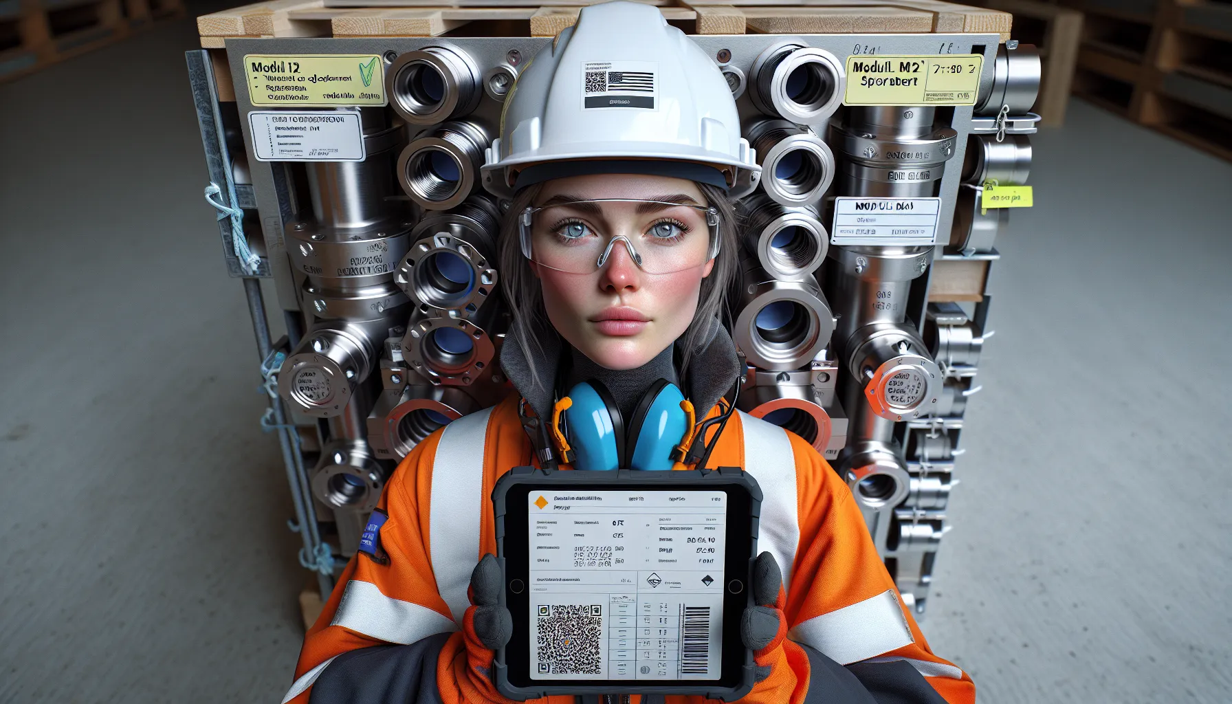 Engineer reviewing labeled prefabricated pipe module in clean norwegian factory.