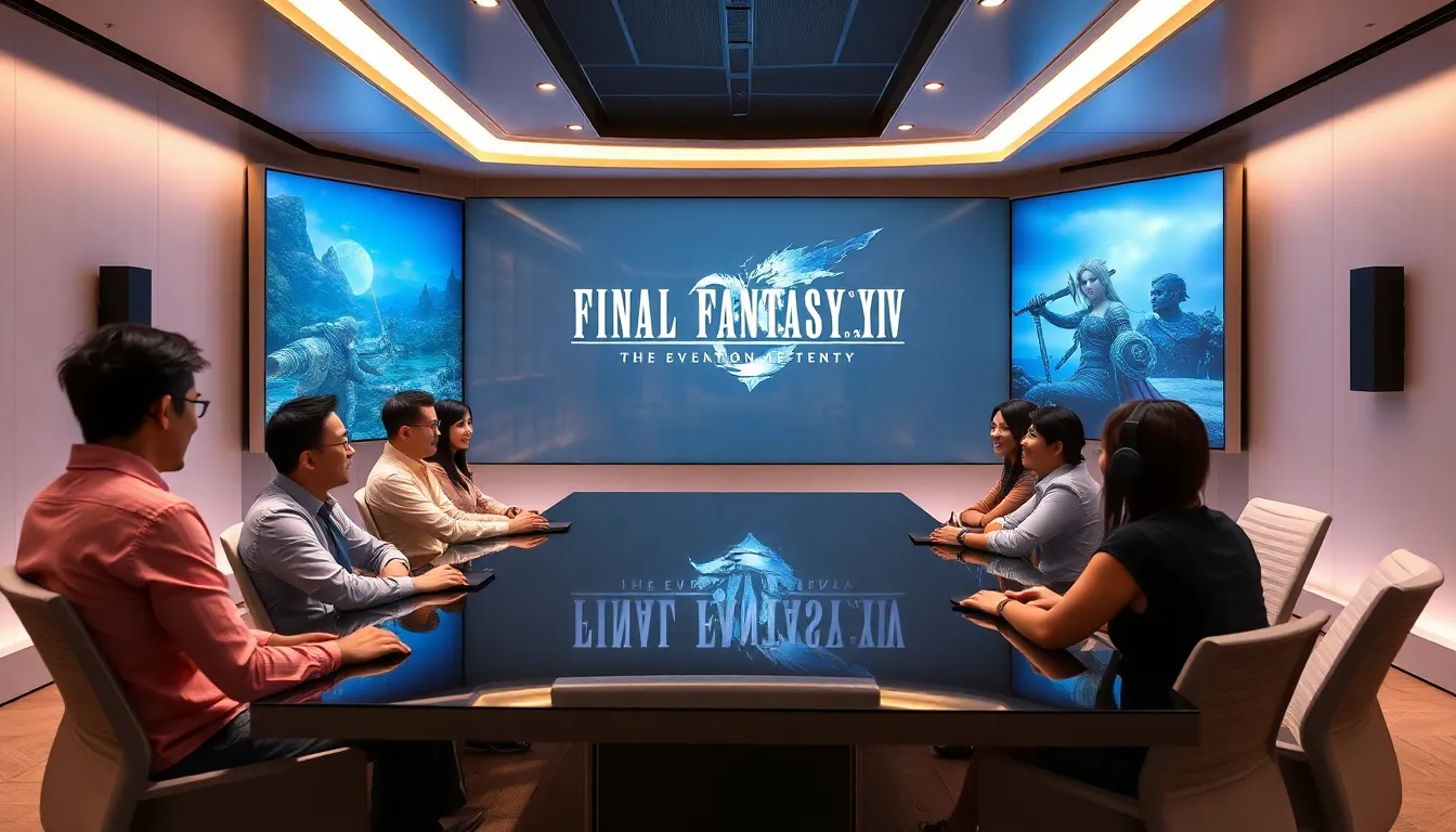 diverse team discussing Final Fantasy XIV updates in a modern setting.