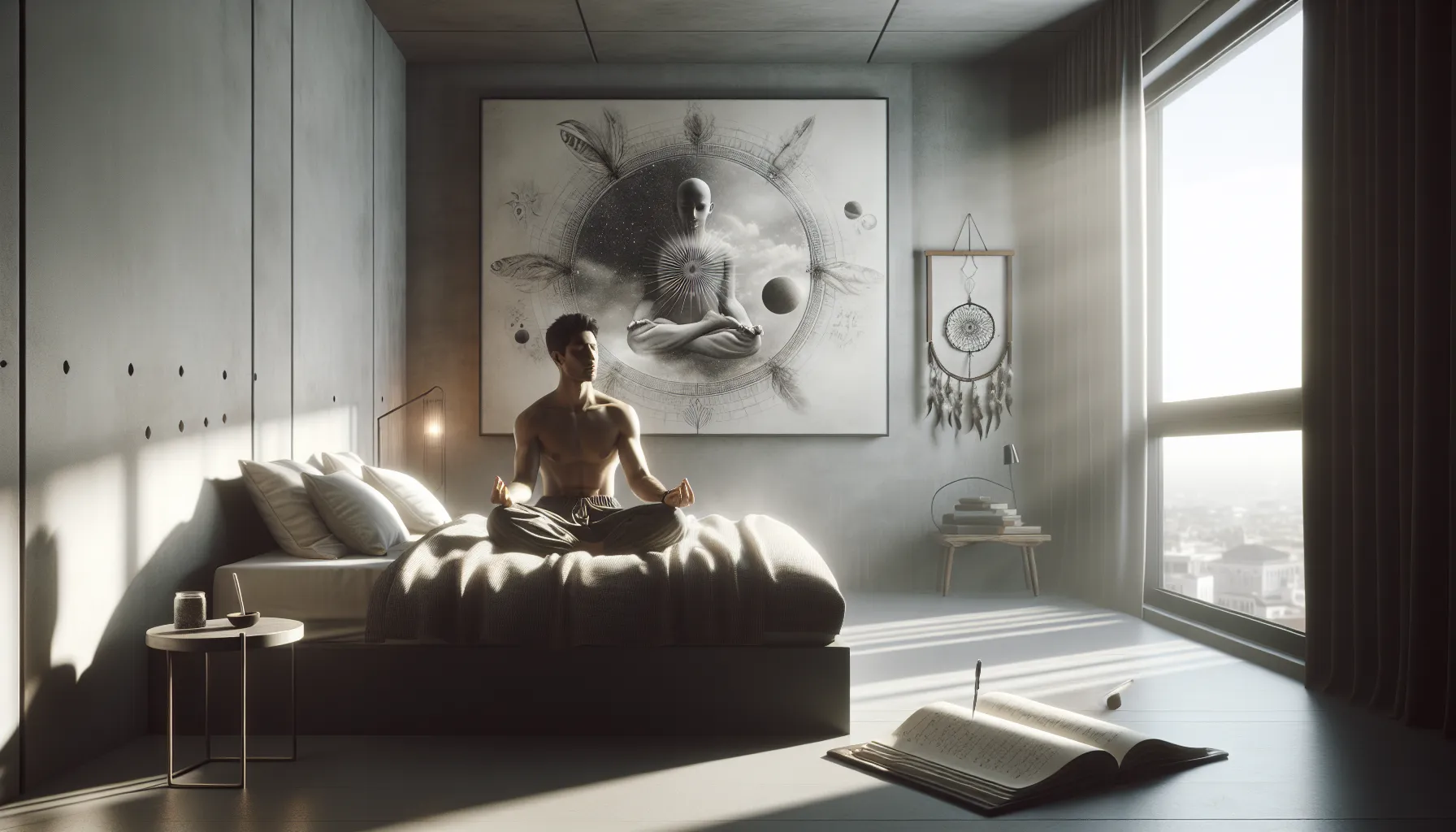 person meditating in a serene bedroom with a dream journal.