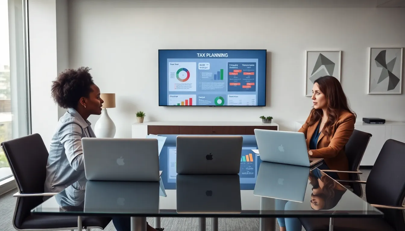 diverse professionals discussing tax planning in a modern office.