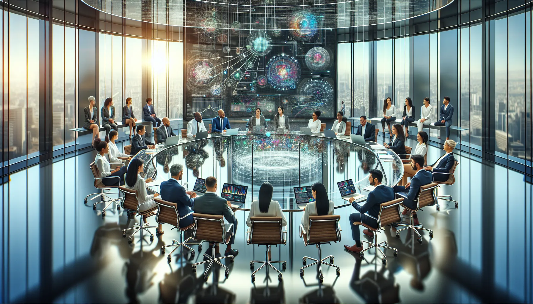 Diverse team collaborating in a modern office on innovative technology solutions.