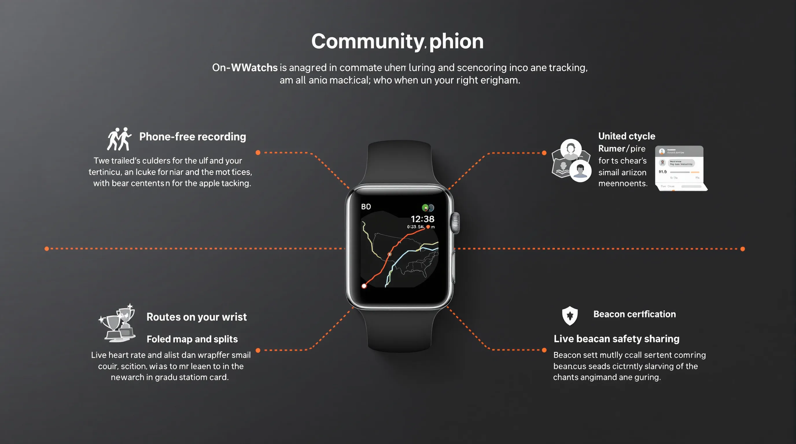 Apple Watch Strava features infographic highlighting recording, routes, metrics, privacy, community.