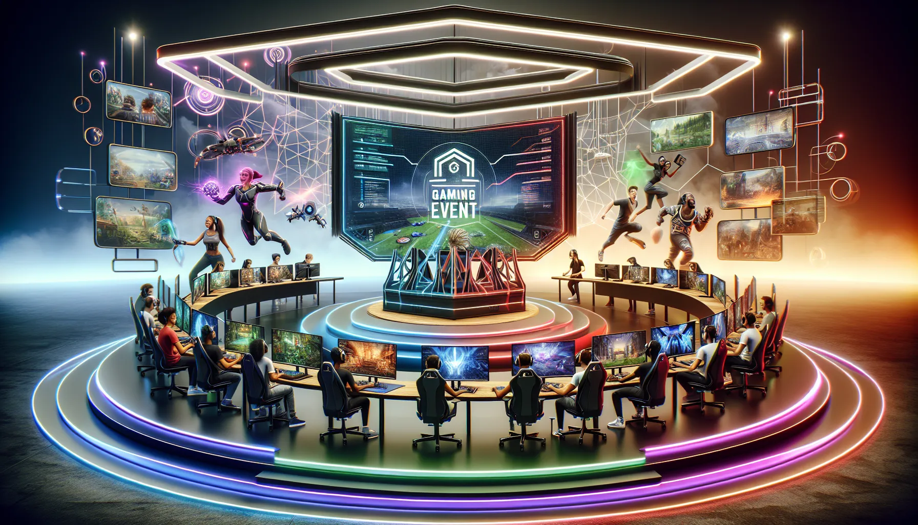 diverse gamers competing at the PBLGameEvent in a lively arena.