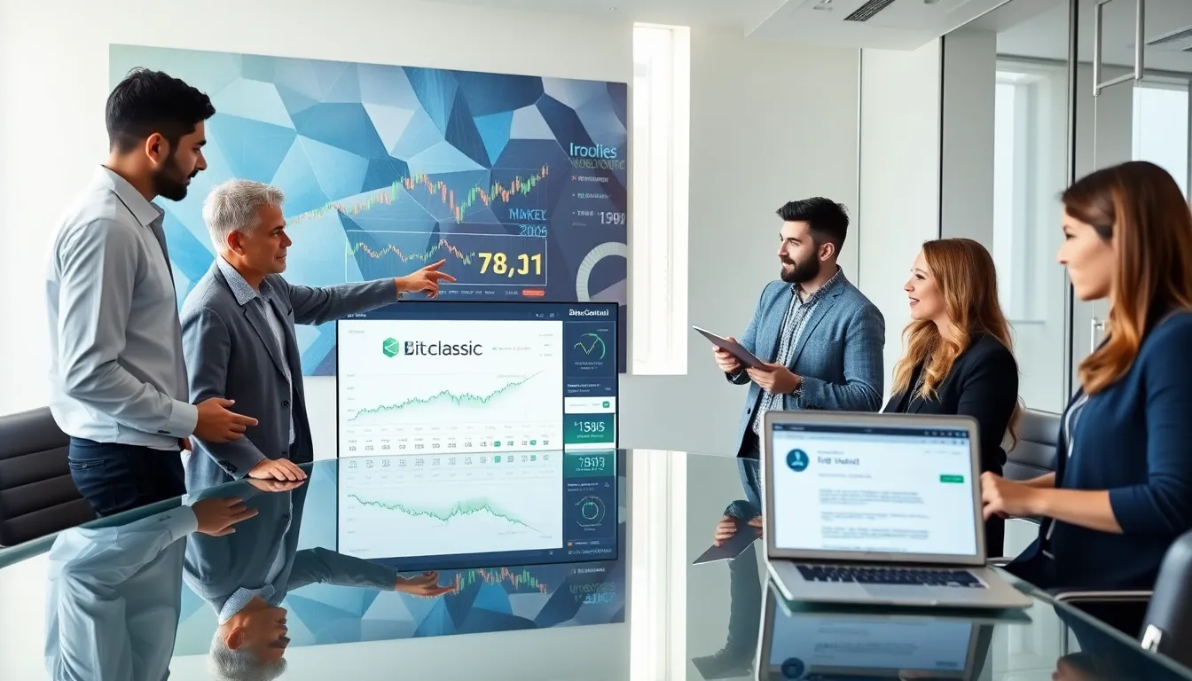 diverse team discussing cryptocurrency strategies at a modern conference table.