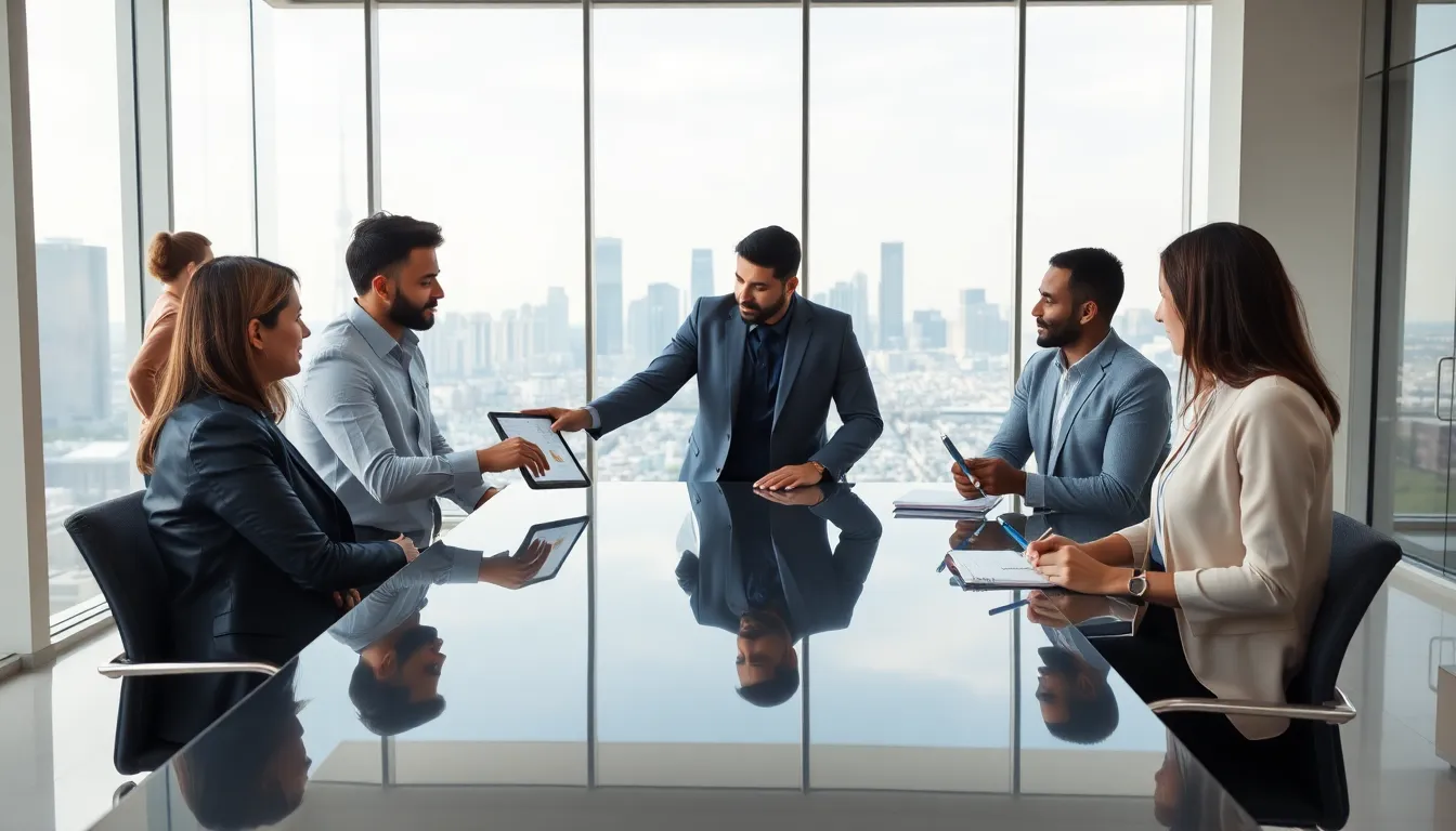 diverse professionals collaborating in a modern office setting.