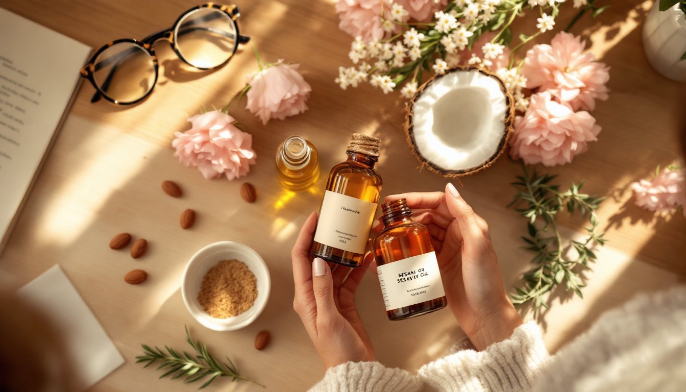Hands reading label on cold-pressed oil bottle surrounded by natural plant beauty ingredients.