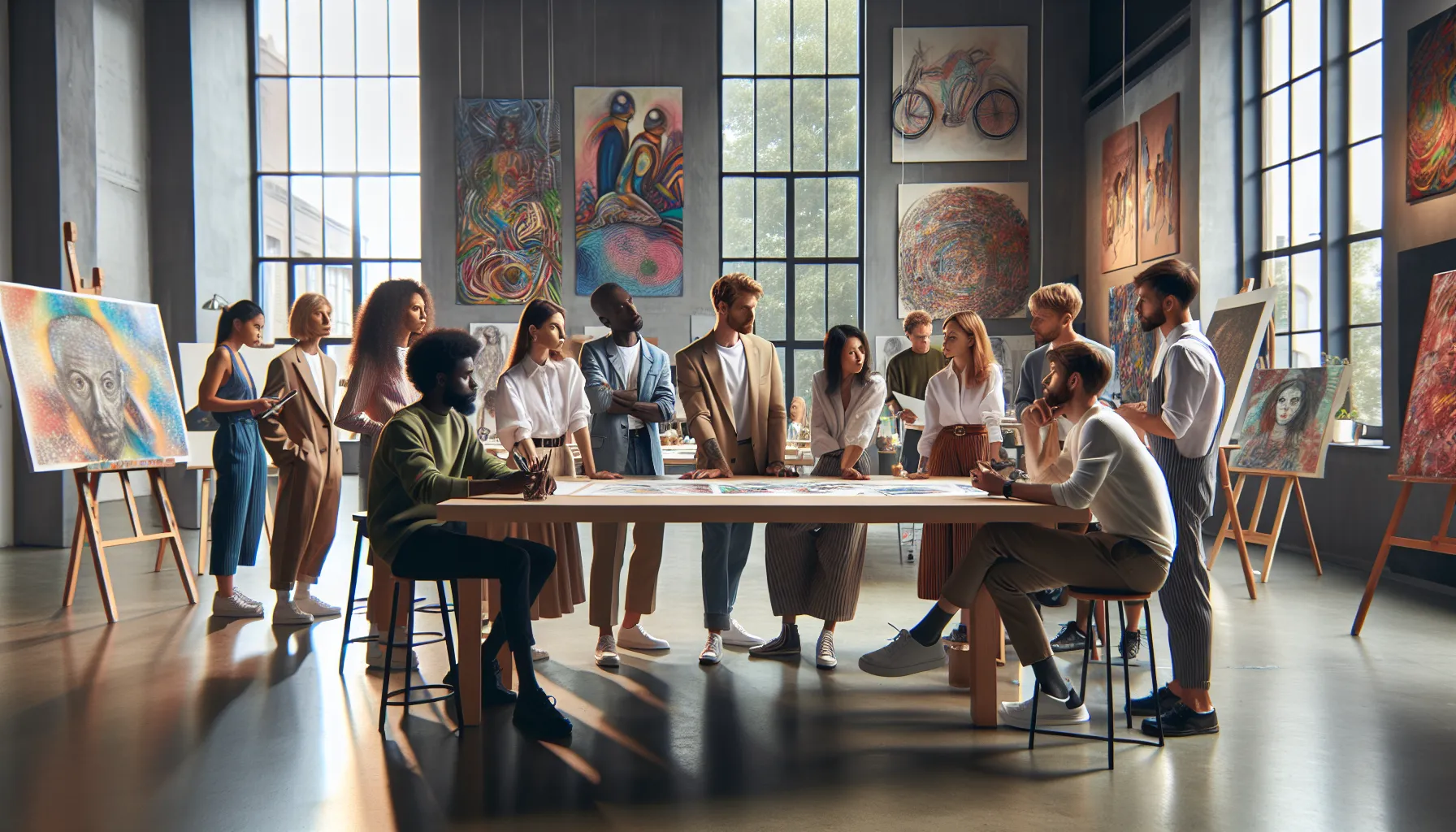 diverse group participating in an art workshop at a modern studio.