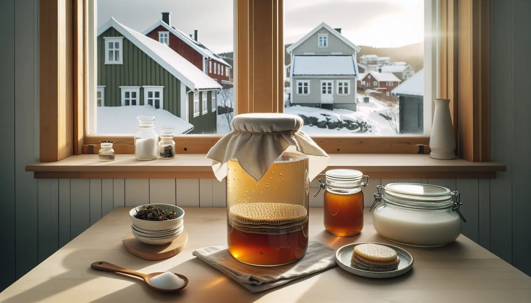 Slik lager du hjemmelaget kombucha – steg for steg 2 Glass jar with scoby fermenting kombucha in a bright norwegian home kitchen.