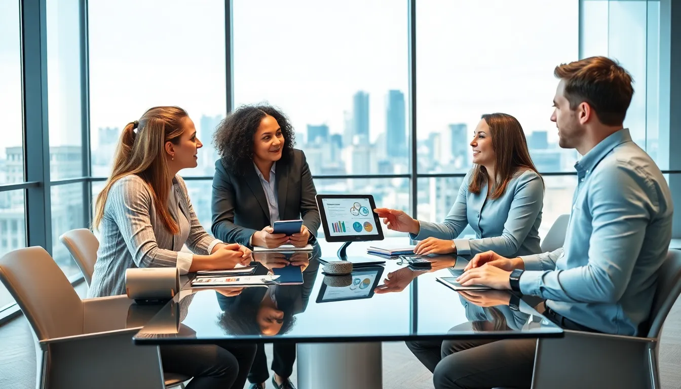 diverse professionals collaborating in a modern office setting.