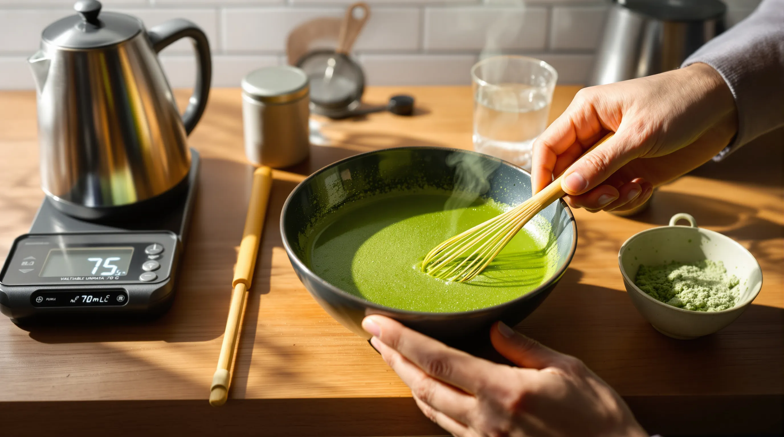Hands whisking matcha to fine microfoam beside a kettle set to 75°C.
