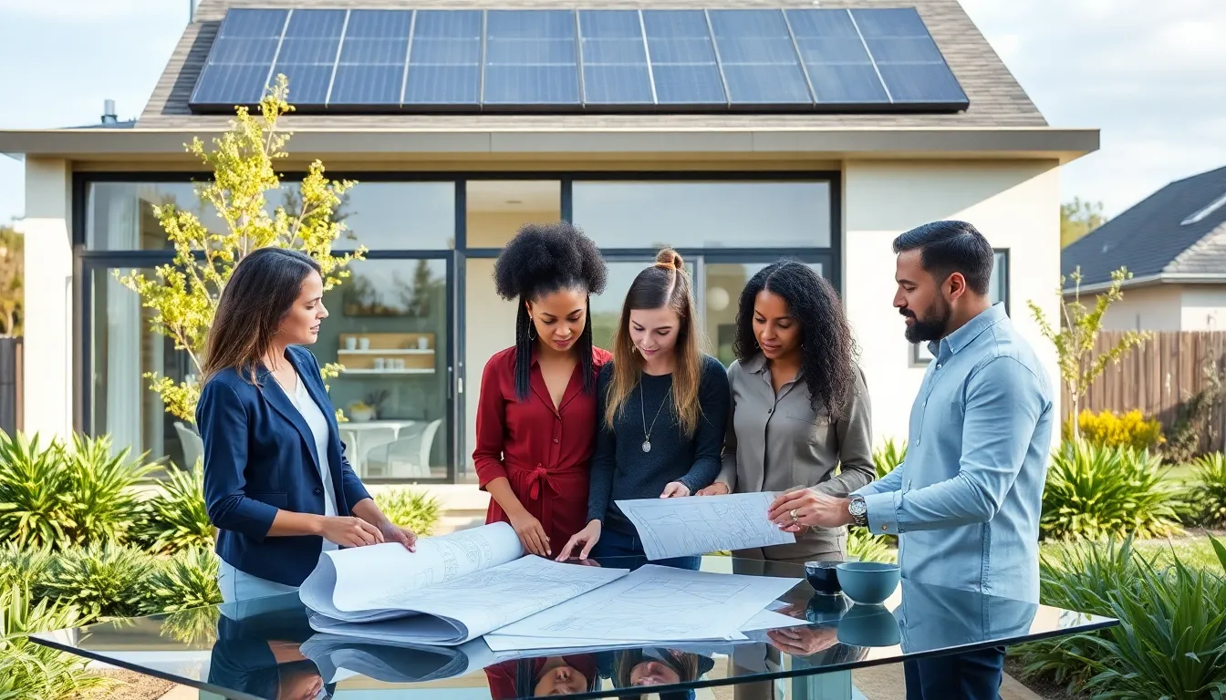 A modern, energy-efficient home with professionals discussing sustainable designs.