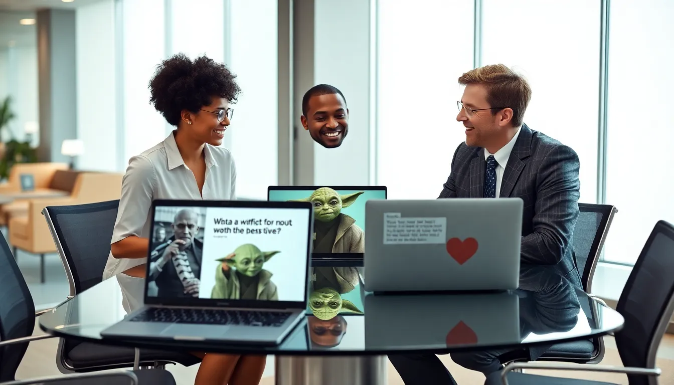 diverse team discussing humorous memes in a modern office.