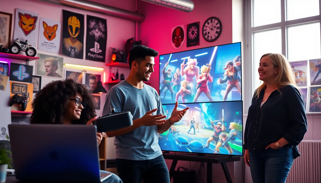 game developers collaborating on a new PlayStation project in a vibrant studio.