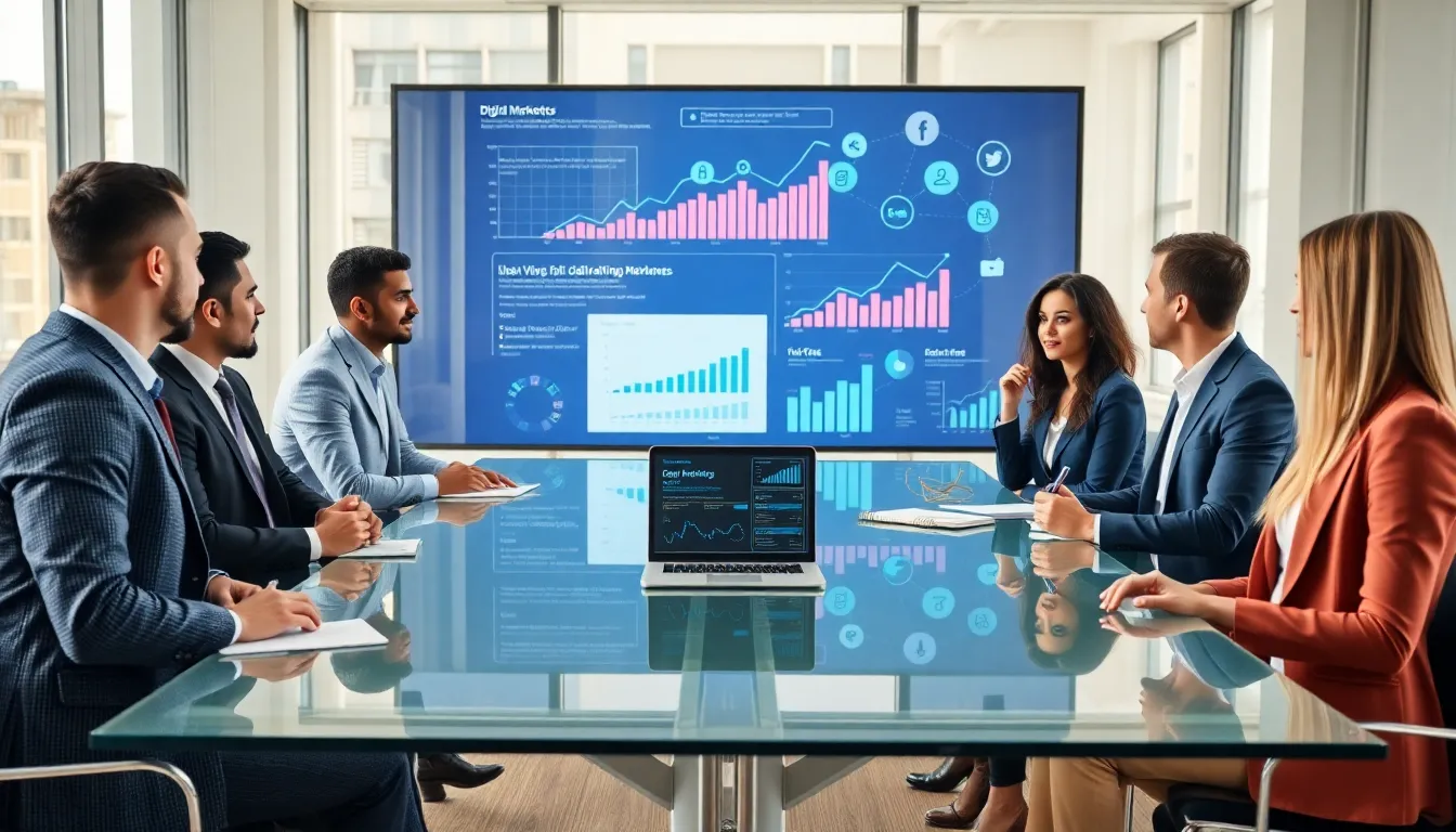 diverse team collaborating on digital marketing strategies in a modern office.