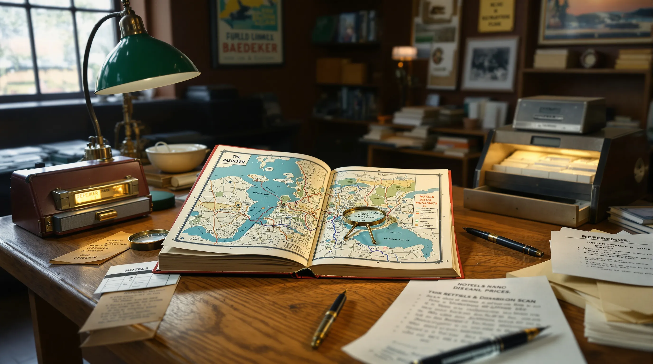 Open Baedeker guide with fold-out map in a vintage American library.