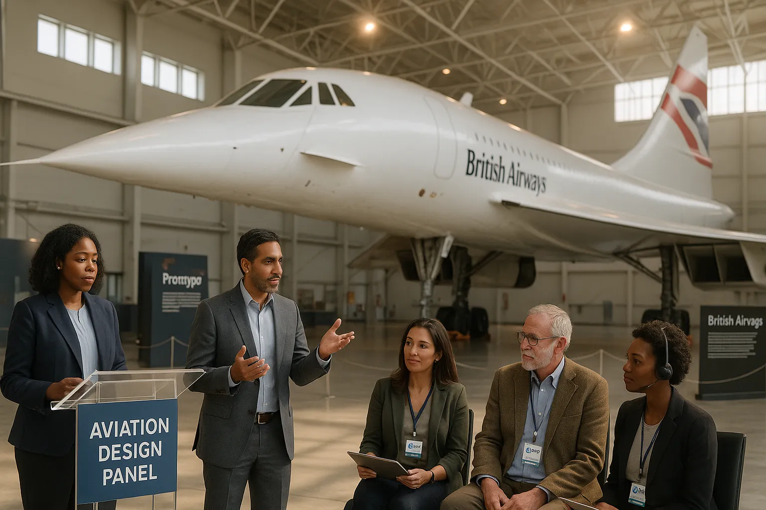 Concorde displayed in a museum with a small professional conference nearby.