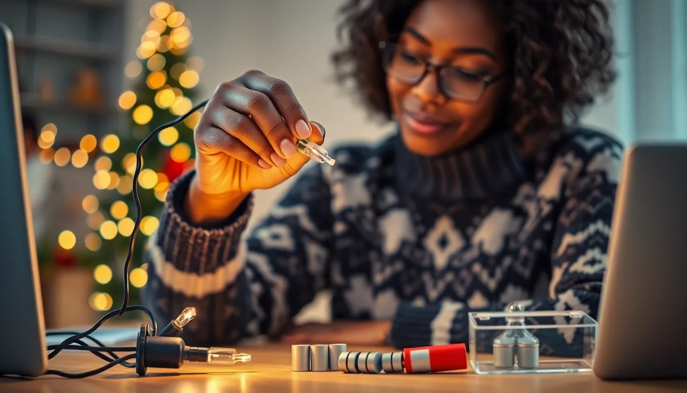 Person changing a fuse in Christmas lights at a well-organized workspace.